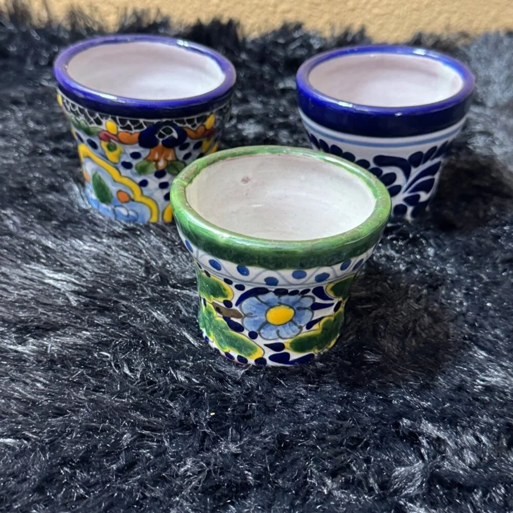 Talavera Mexican Folk Art Ceramic Mini Planters Floral Patterns Set Of 3 - Picture 1 of 9